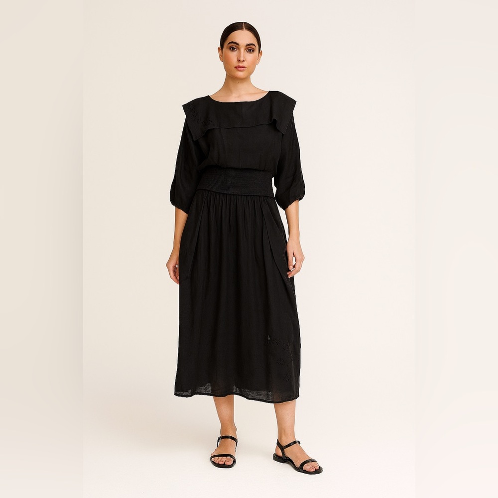 Vintage 80s‎ Norma Walters Black Linen Dress with Square Collar Sz. 6